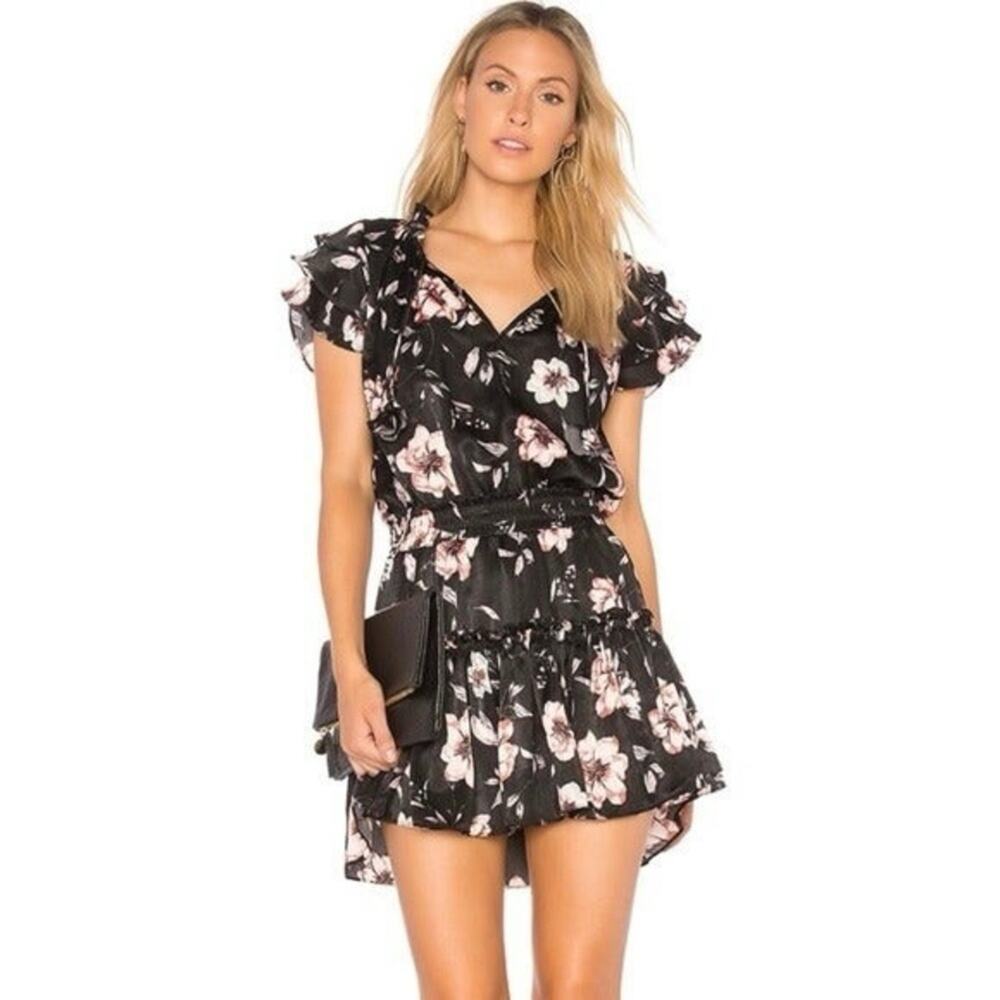 Misa Los Angeles Cecile Satin Floral Tiered Ruffle Tassel Mini Dress Black Pink